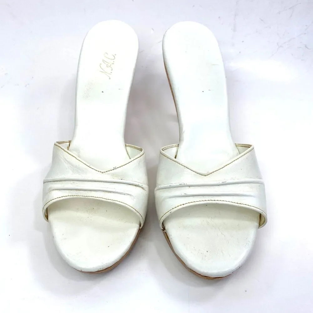 Vintage Made In Japan White Slip-On Heel Shoes 8.5 Open Toe Wood Lounge Resort
